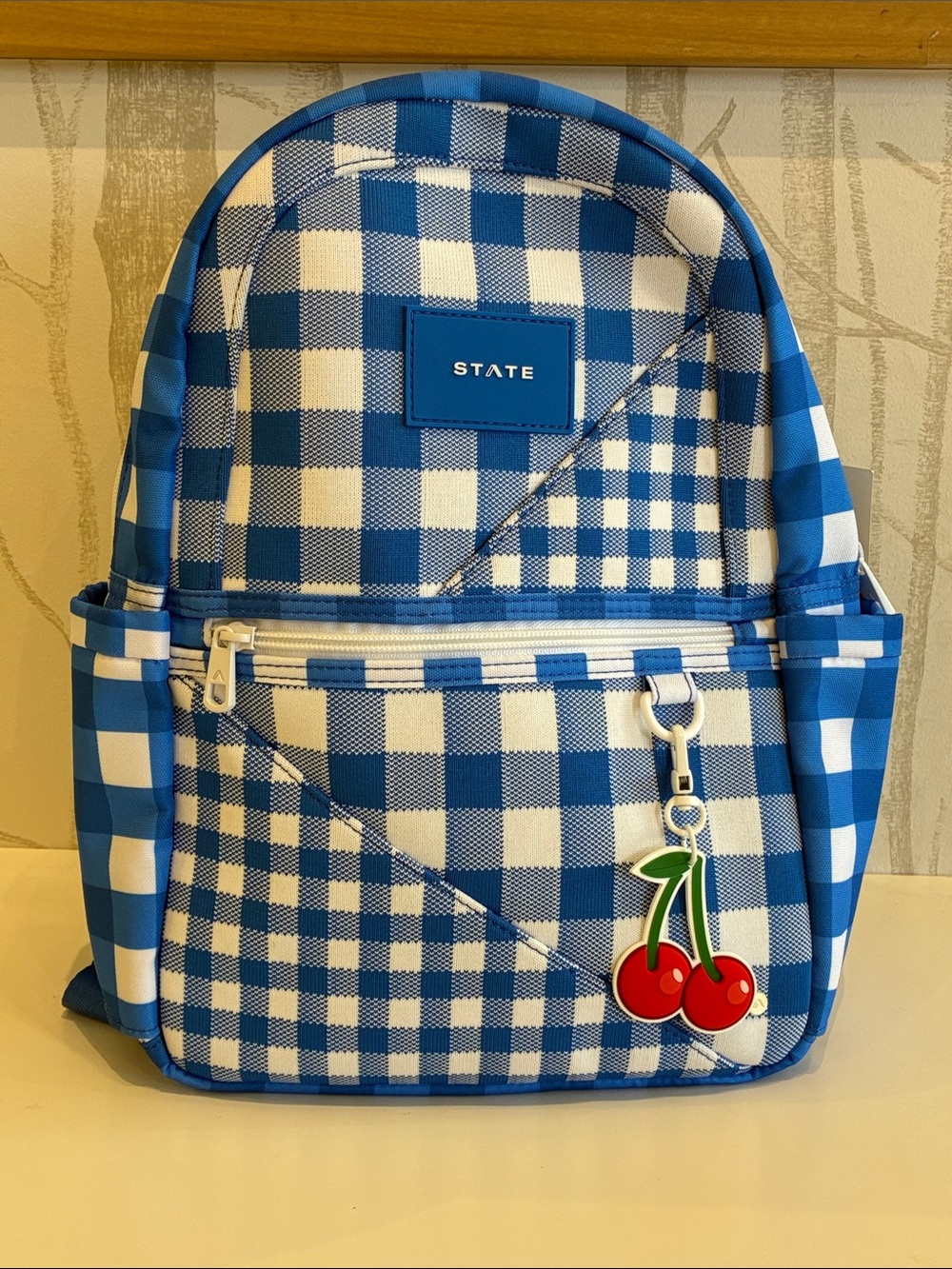 STATE Blue & White Gingham Mini Backpack with Cherry Charm - Picture 7 of 11